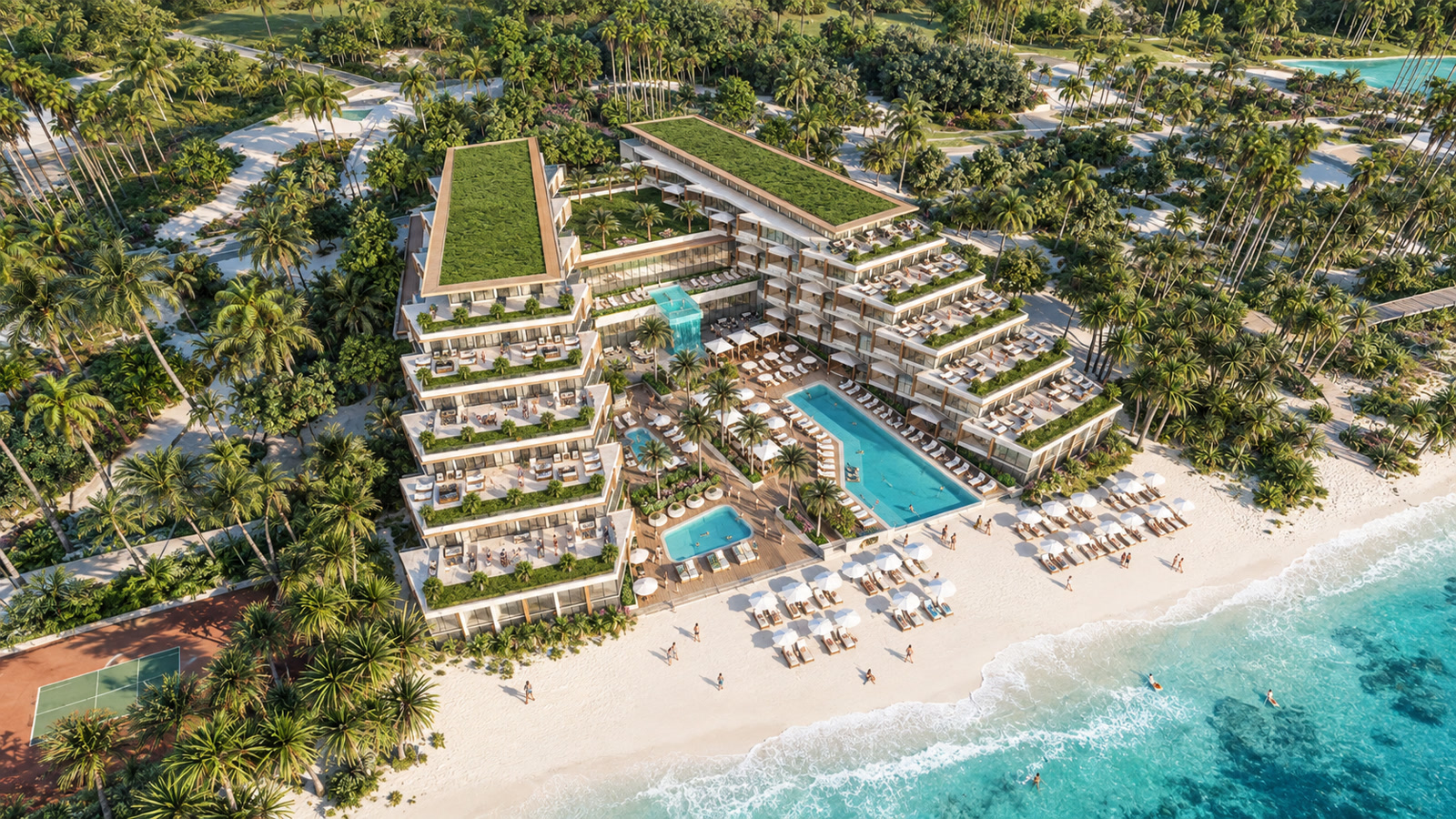 Bahamas Beach Club — Bahamas · Aerial view of terraced beachfront buildings, green roofs and pools