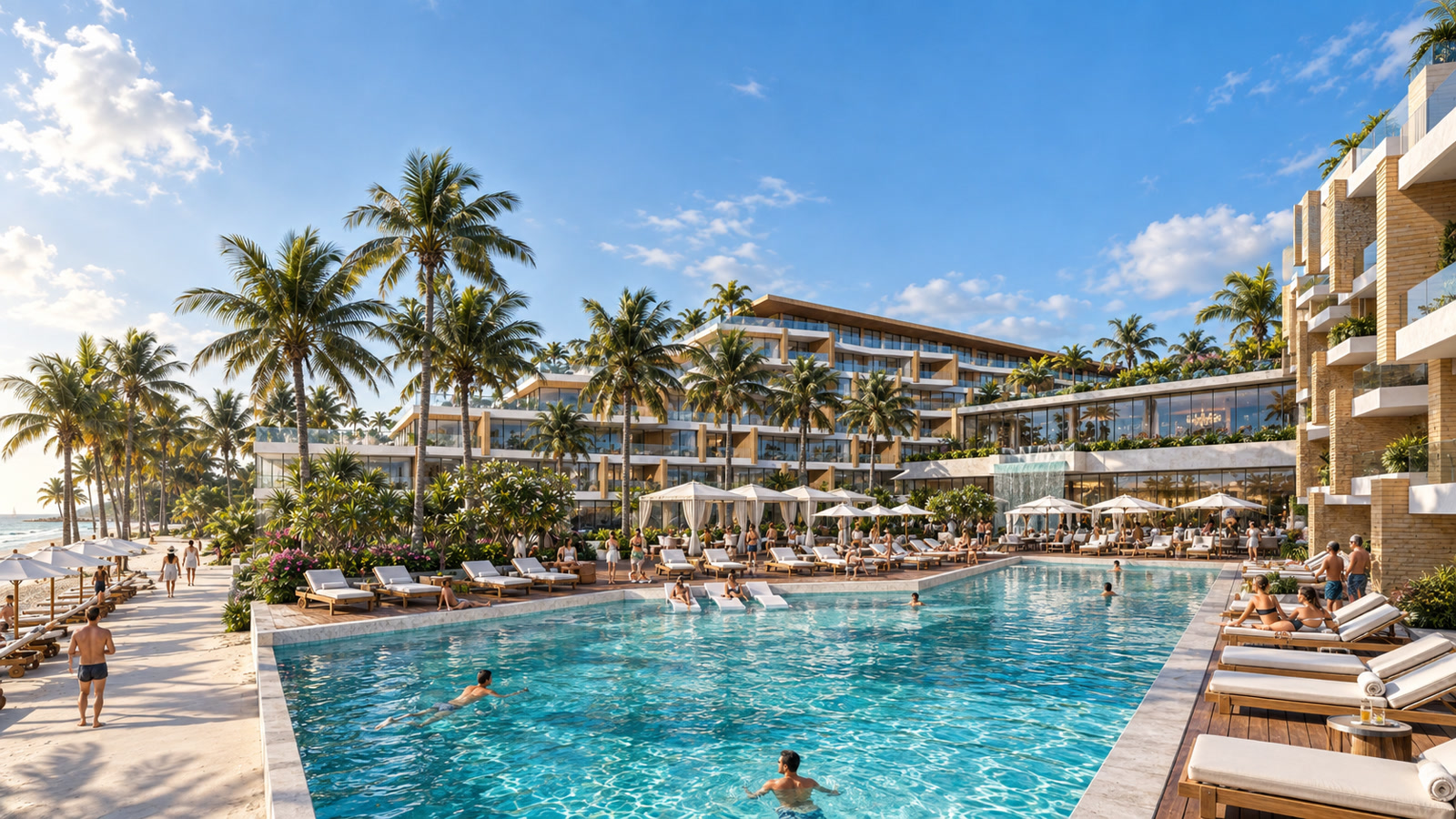 Bahamas Beach Club — Bahamas · Poolside view toward terraces and the central waterfall