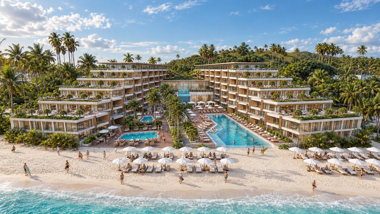 Bahamas Beach Club — Bahamas · Beach-facing view of the stepped terraces and central pools