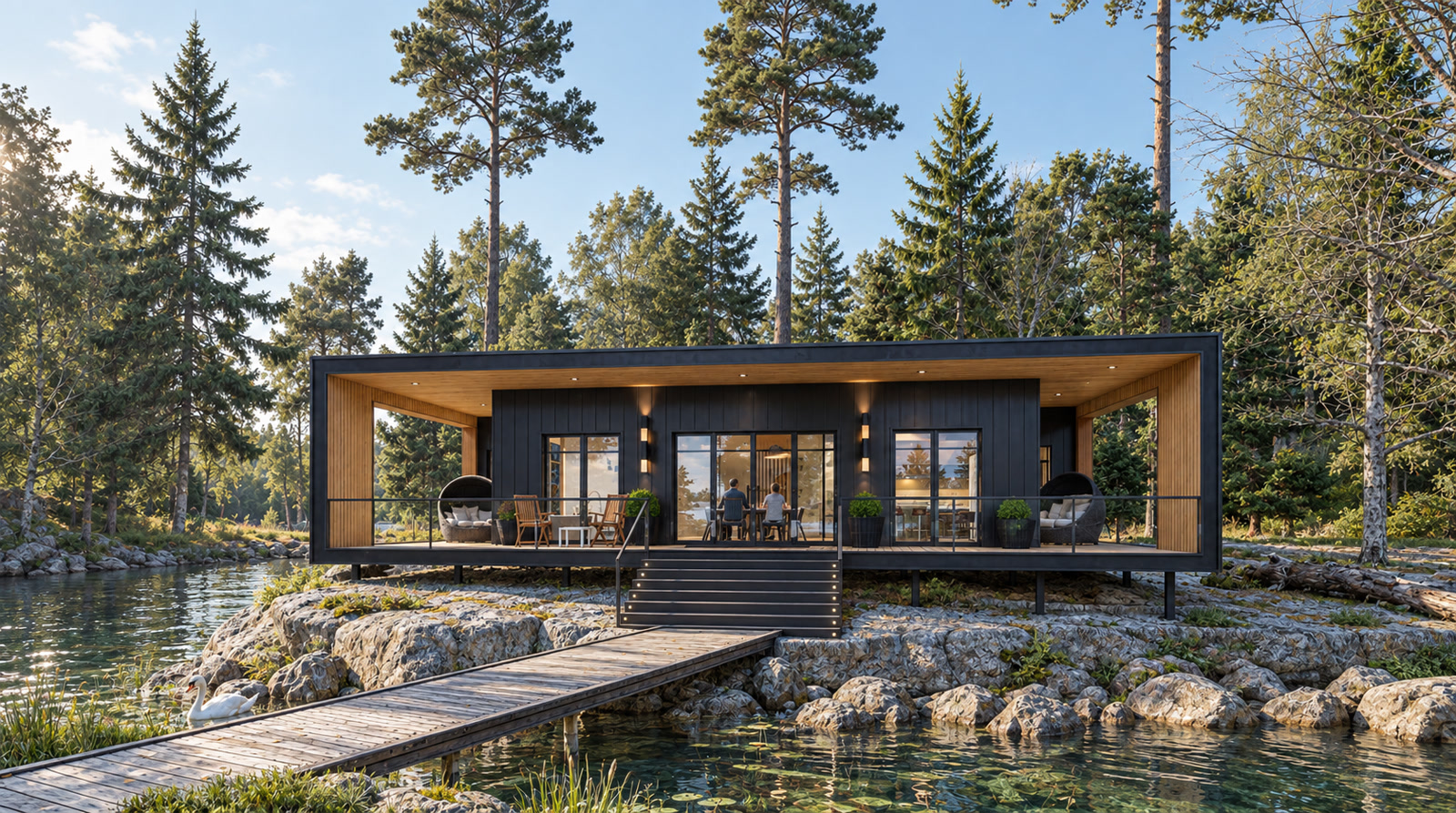Honey Harbour Prefab Cottages · Waterfront view of a dark-clad prefab cottage with a timber-lined covered deck and boardwalk on a rocky shoreline
