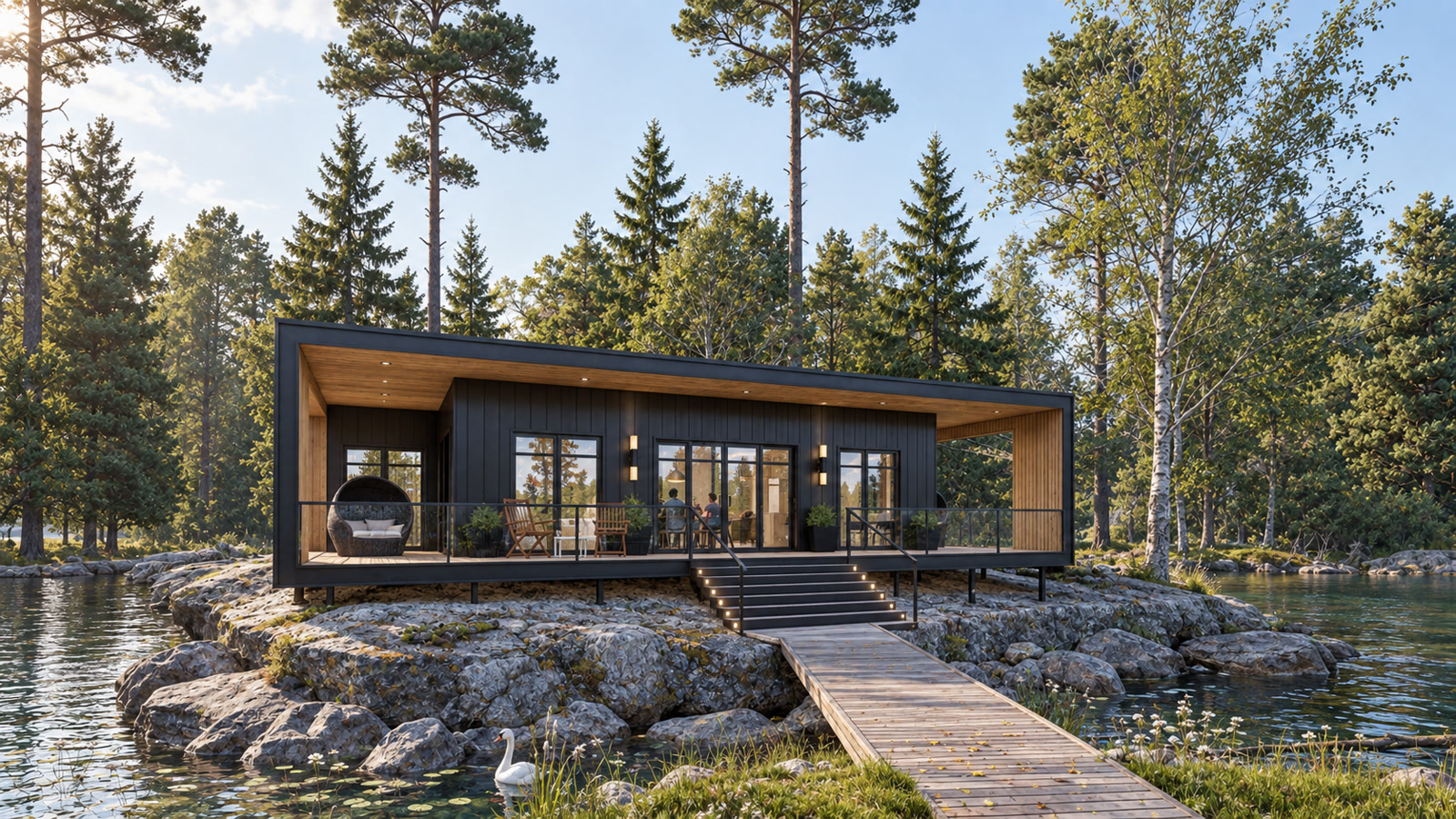 Honey Harbour Prefab Cottages · Oblique view along the boardwalk toward the cottage deck, surrounded by water and pine trees