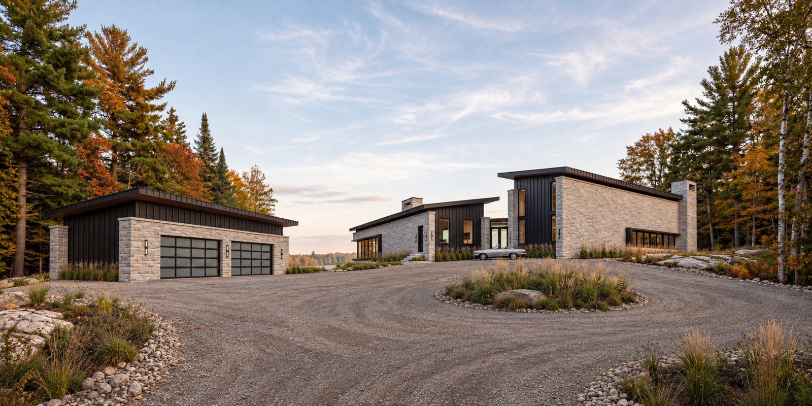 Huntsville Contemporary Cottage — Muskoka, Ontario · Arrival court with stone-clad cottage and detached garage