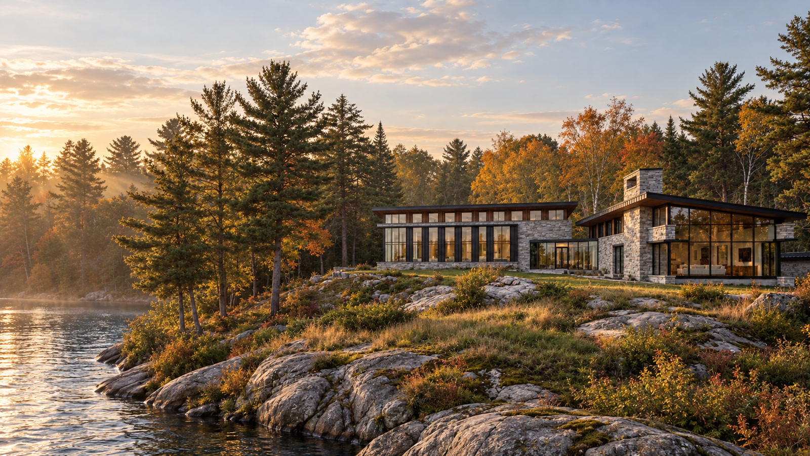 Huntsville Contemporary Cottage — Muskoka, Ontario · Cottage overlooking the rocky shoreline at sunset