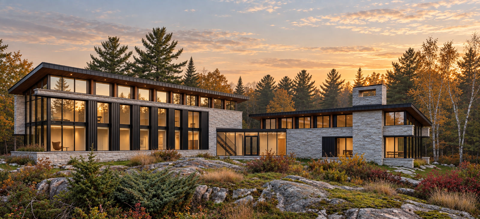 Huntsville Contemporary Cottage — Muskoka, Ontario · Lakeside elevation with tall glazing and a connecting glass corridor