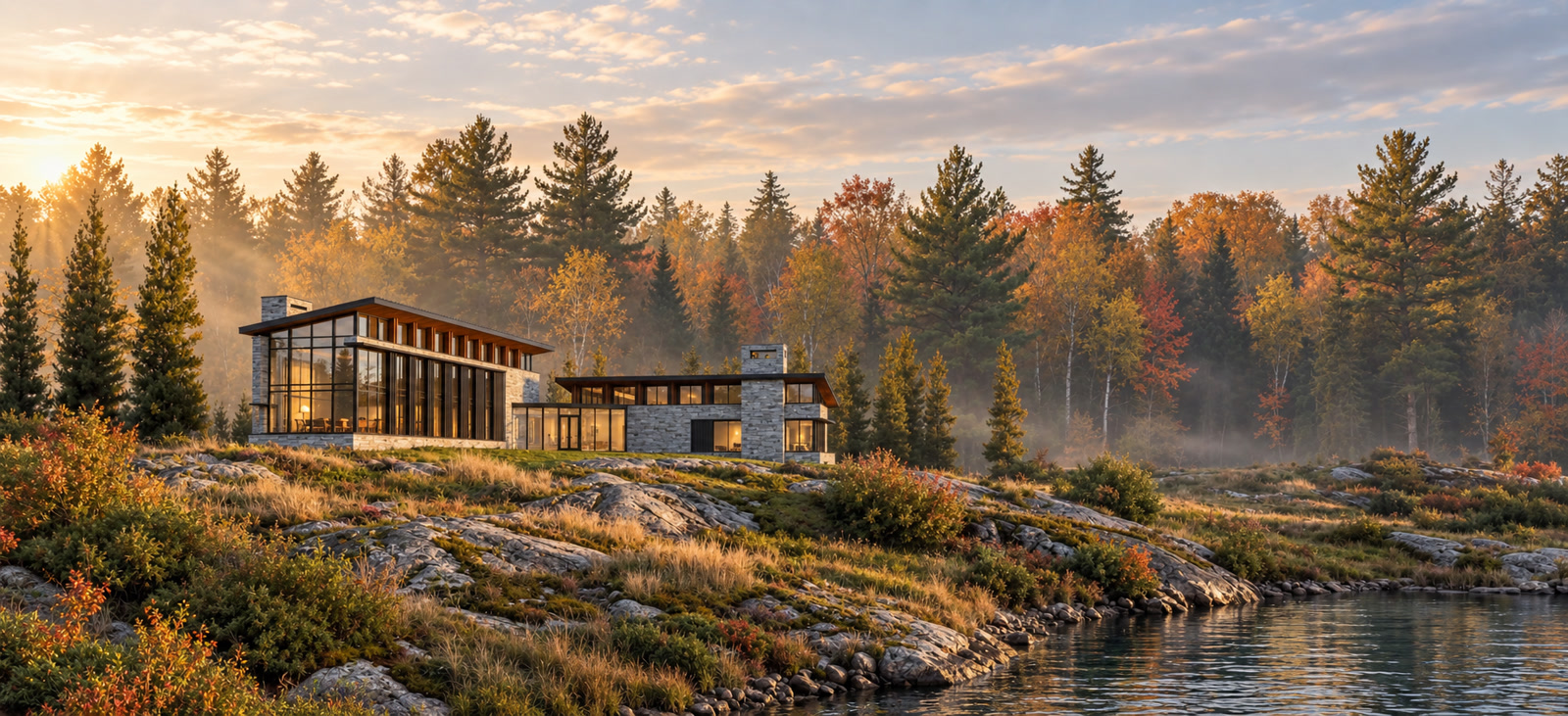 Huntsville Contemporary Cottage — Muskoka, Ontario · Wide view of the cottage in its autumn lakeside landscape
