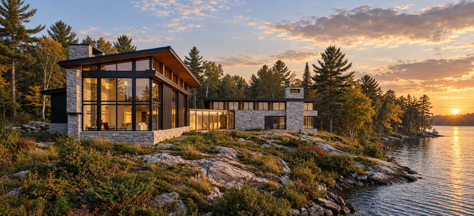 Huntsville Contemporary Cottage — Muskoka, Ontario · Corner view of the glazed living spaces and stone chimney at sunset