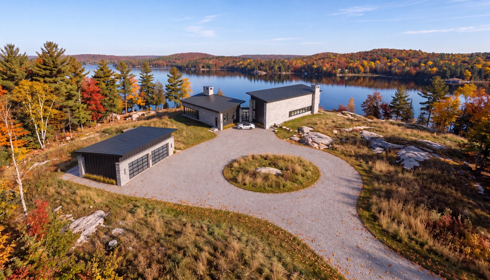 Huntsville Contemporary Cottage — Muskoka, Ontario · Elevated view across the arrival court toward the cottage and lake