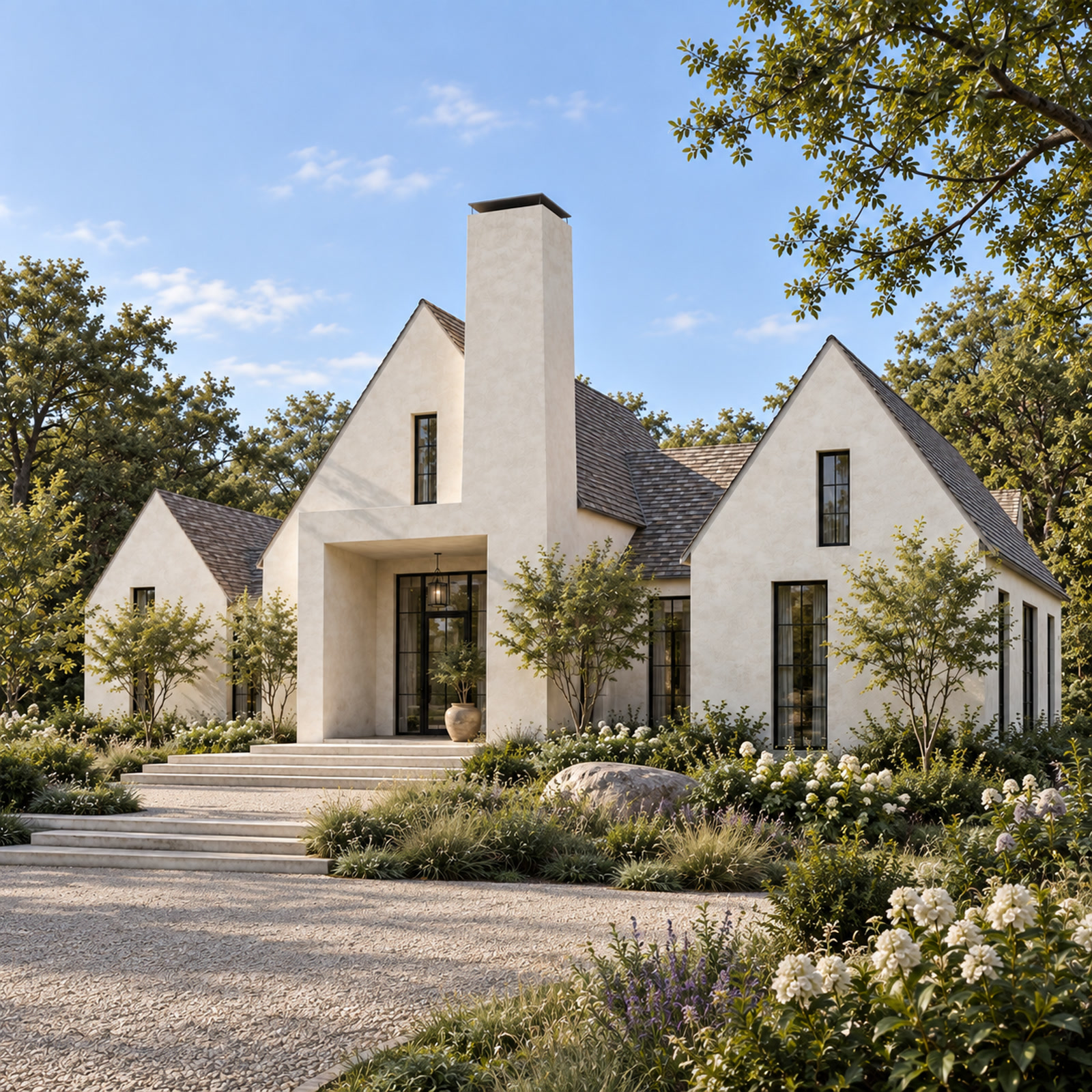 Prince Edward County Rural Retreat — Prince Edward County, Ontario · Arrival view of warm stucco gables, a tall chimney and a recessed entrance framed by planting