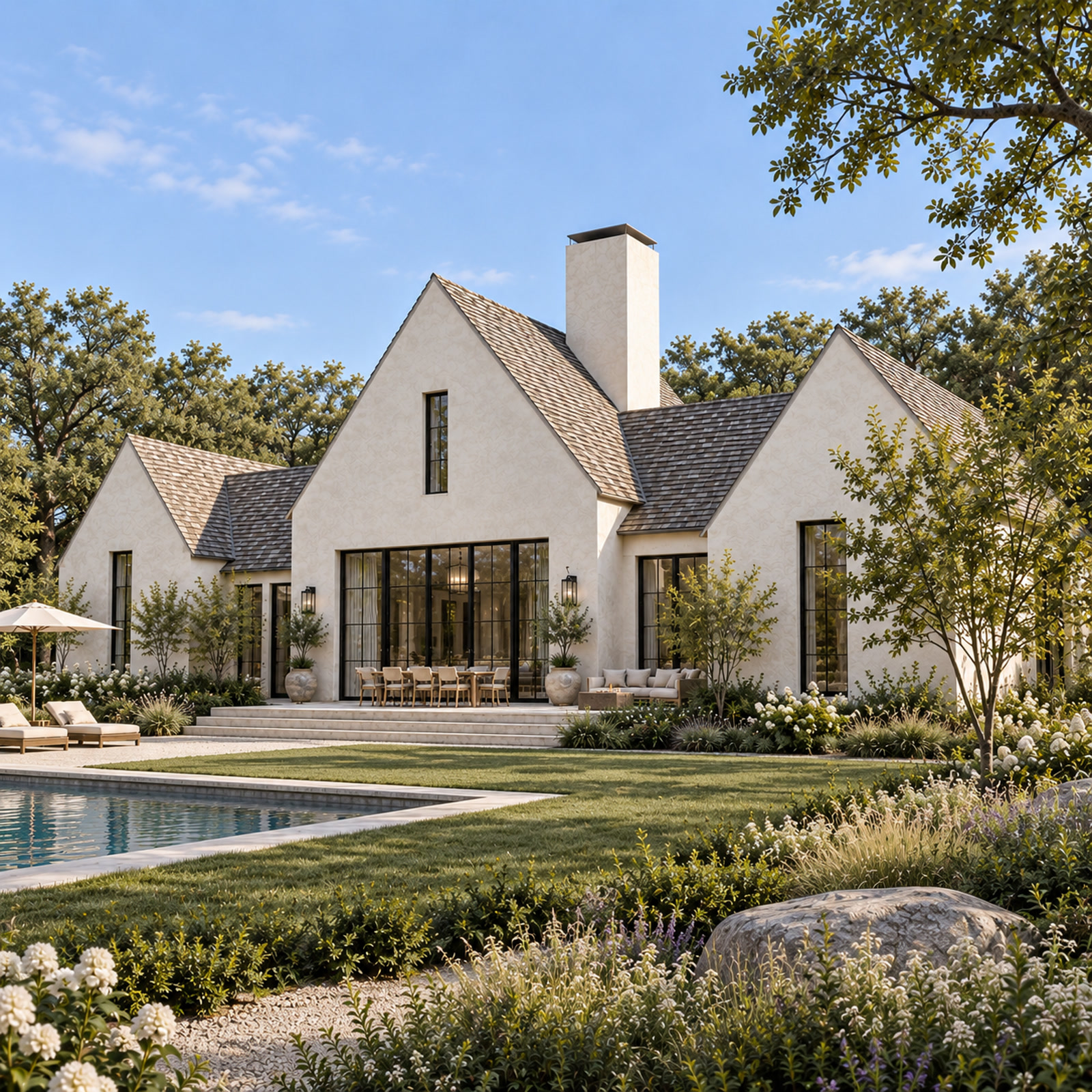 Prince Edward County Rural Retreat — Prince Edward County, Ontario · Garden elevation opening onto an outdoor dining terrace and swimming pool