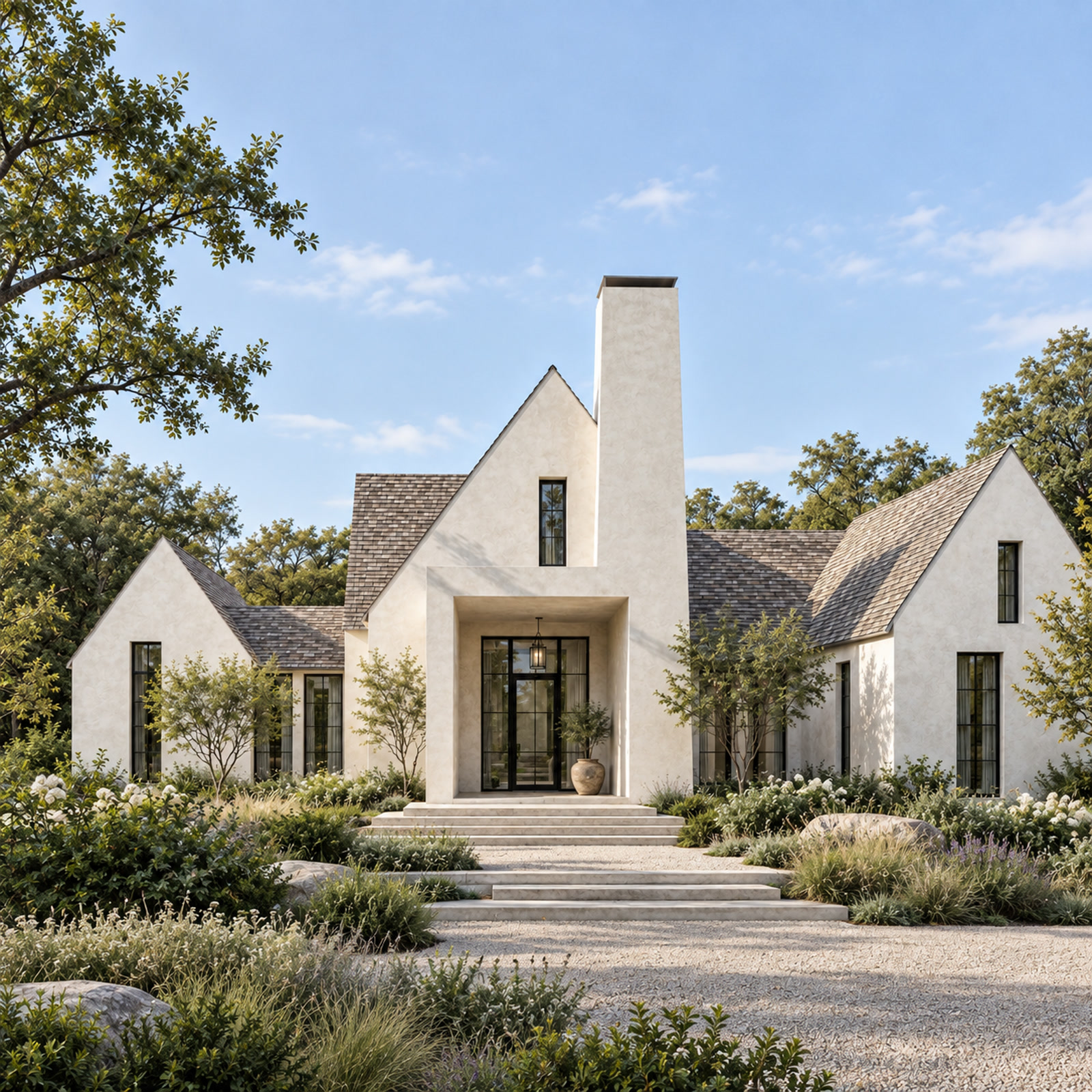 Prince Edward County Rural Retreat — Prince Edward County, Ontario · Front view of the chimney and entrance steps between simple gabled wings