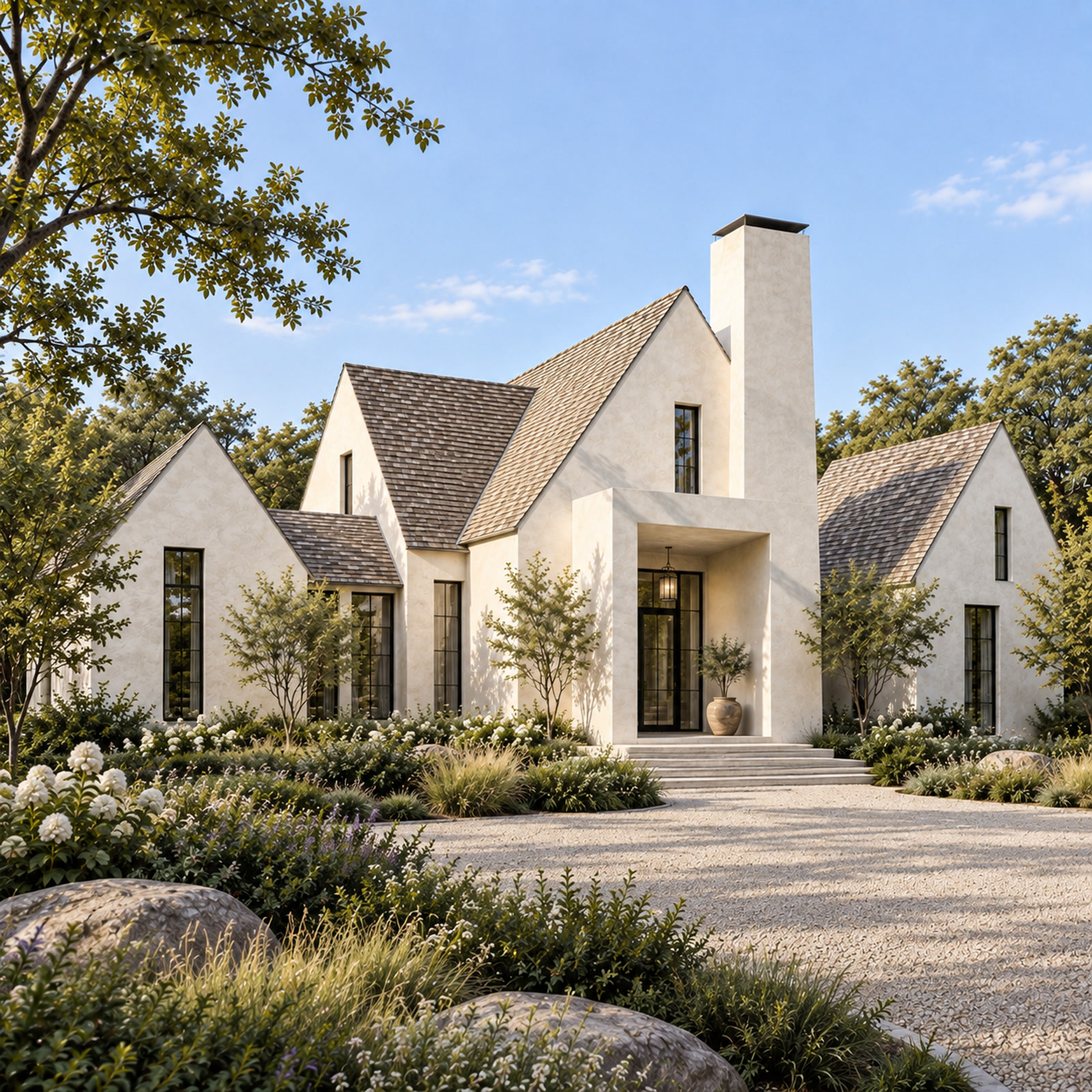 Prince Edward County Rural Retreat — Prince Edward County, Ontario · Oblique view of shingled rooflines, stucco walls and a landscaped gravel approach