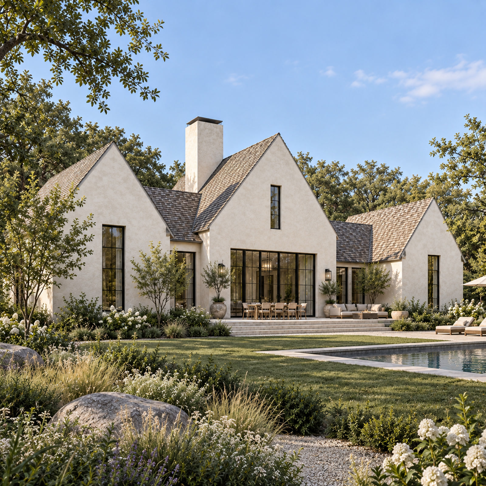 Prince Edward County Rural Retreat — Prince Edward County, Ontario · Rear terrace and pool framed by dark windows, gabled volumes and garden planting