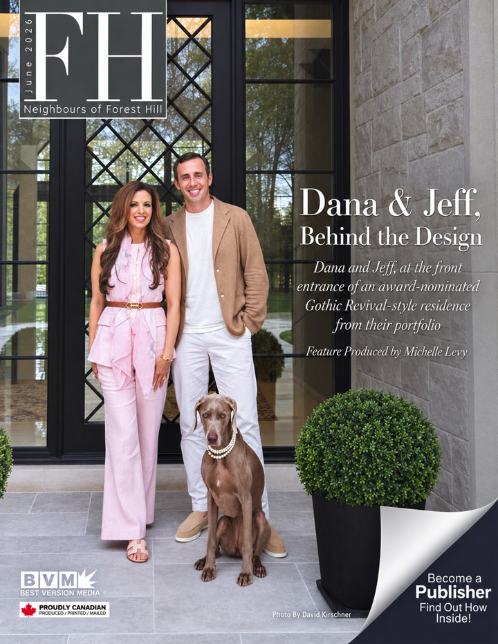 June 2026 Neighbours of Forest Hill magazine cover featuring Dana Solomon and Jeff Cogliati with their dog outside a Bloom Architects residence
