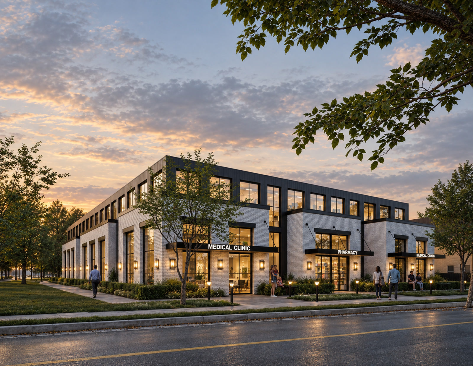 Windsor Mixed-Use Development — Windsor, Ontario · Corner view of the medical clinic and pharmacy entrances at sunset