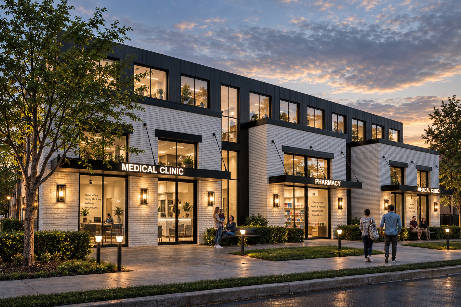 Windsor Mixed-Use Development — Windsor, Ontario · Close view of the landscaped storefronts, entrance canopies and illuminated windows